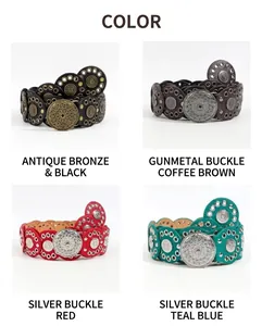 Detailoverzicht van vier brede bohemian riemen met vintage metalen gespen en leertextuur