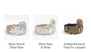 Detailopname van Bohemian riemen in zilver, wit leer en stoffen met luipaardprint
