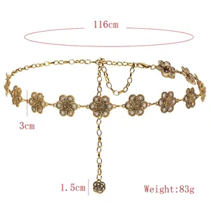 Vintage gold hollow flower metal waist chain with rose pendant 116cm length for women