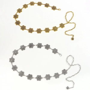 Vintage floral metal body chain belt in gold and silver finish with rose pendant