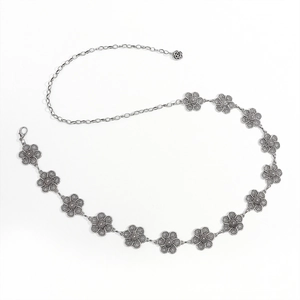 Elegant silver metal flower waist chain with retro hollow floral links for dresses