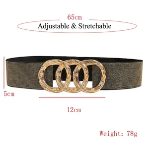Elegant women's wide elastic waist belt with black and gold weave and triple ring buckle