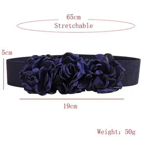Navy blue elastic flower belt with three 3D fabric roses for dresses, width 5cm length 65cm