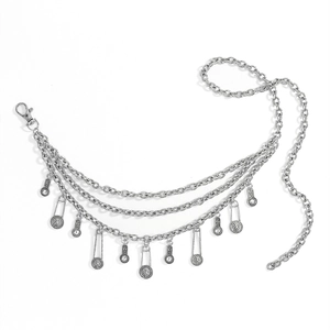 Detail view of multilayer silver waist chain with embossed coins and pin charms