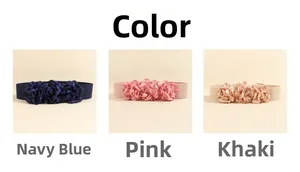 Three-color elastic waist belts with 3D fabric flowers in navy, pink, and khaki tones