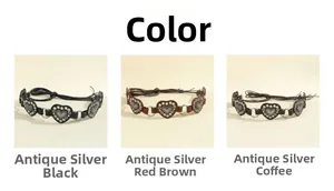 Three colors of Bohemian heart metal chain belts in black, reddish brown and coffee leather