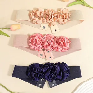 Elastic waist belts with 3D fabric roses in beige, pink, and navy for dresses