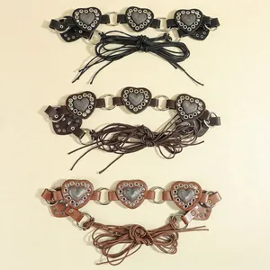 Y2K vintage faux leather heart belt with metal studs and adjustable long tie straps