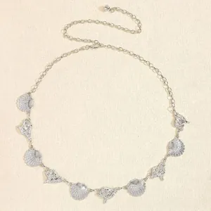 Detailed view of bohemian silver metal shell waist chain with lobster clasp and shells
