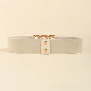 Close-up of champagne elastic waist belt with triple gold rings and metallic texture