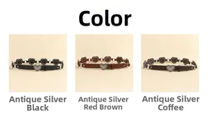 Three vintage bohemian belts in black, brown and coffee with heart-shaped metal buckles