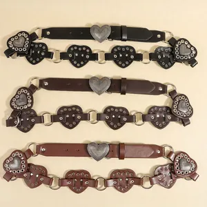 Bohemian heart rivet belts in black and brown with vintage metal buckles and rings