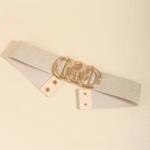 Detail of champagne gold elastic wide belt with golden triple ring interlocking buckle
