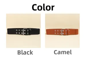 Detail of black and camel elastic wide waist belts with double metal eyelets and silver buckle