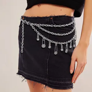 Women Vintage Bohemian Multi-Layer Metal Waist Chain Belt With Lion Head Coin Safety Pin Pendants Rhinestone Zinc Alloy Body Jewelry