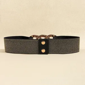 Detail of elegant black and gold elastic waist belt with metal chain buckle for dresses