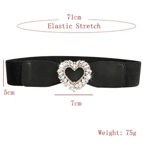 Elastic black waist belt for women with heart rhinestone buckle for dresses and blazers