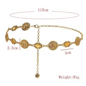 Bohemian gold metal waist chain with textured round plates and rose flower pendant