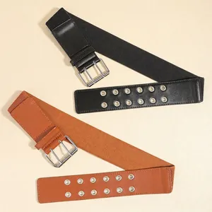 Retro elastic waist belts in black and brown with double-eyelet metal buckles for dresses