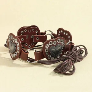 Brown Y2K heart leather belt with silver eyelets and braided rope tie for women
