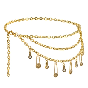 Retro gold multilayer chain waist belt with lion head relief and rhinestone pendants