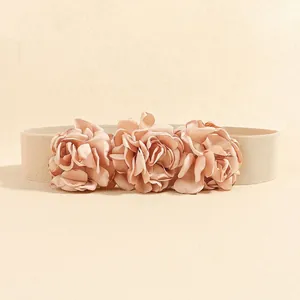Elastic waist belt with three champagne pink satin flowers for women dresses