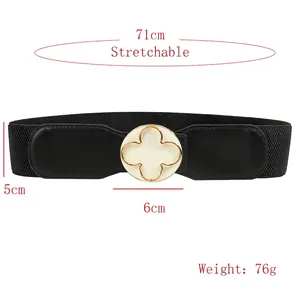 Elegant black elastic waist belt for women with white clover buckle and gold trim