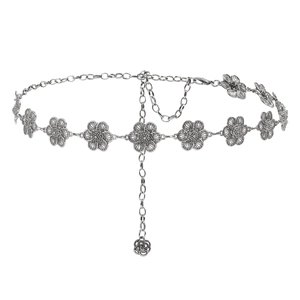 Fashionable silver floral waist chain belt with flower charms and hanging rose pendant