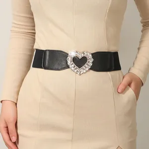 Vintage Heart Rhinestone Elastic Waist Belt For Women Black Fashion Decorative Cinch Belt For Dresses Suit Jackets