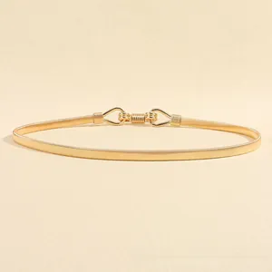 Detail of the golden elastic metal mesh waist chain with a smooth hook buckle closure