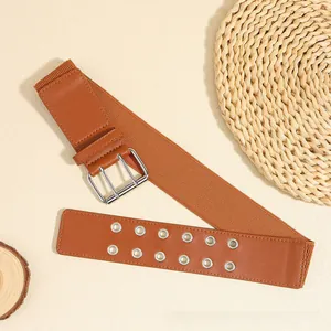 Close-up of brown elastic wide belt with silver double-pin buckle and metal eyelets