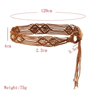 Ceinture tressée bohème avec boucle bois, coquillages et franges, longueur totale 129cm