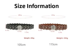 Detailed size guide and specifications for bohemian vintage waist belts in black and brown