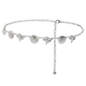 Bohemian silver shell waist chain with scallop and conch pendants on white background