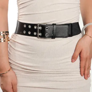 Women Wide Elastic Waist Belt With Double Row Grommets PU Leather Punk Double Prong Buckle Waist Cinch Belt For Dress Suit