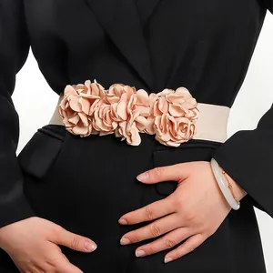 Women Elegant Elastic Corset Belt 3D Satin Flower Waistband For Dresses Wide Stretch Cinch Belt With Snap Button Accessories