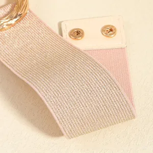 Detail of pink elastic waist belt with gold metallic thread and circular textured buckle