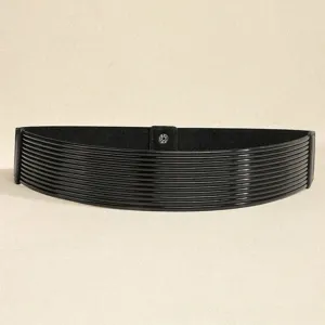 Cinturón elástico negro elegante con bandas brillantes de múltiples capas y cierre a presión