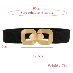 Retro wide elastic black waist belt for women with geometric gold double interlocking buckle