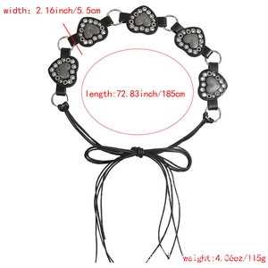 Bohemian black waist belt with silver heart studs and adjustable lace-up tassel tie
