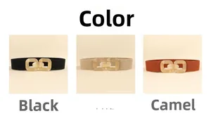 Elastic wide belt with gold double-ring buckle in black, beige, and camel colors