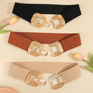 Elastic wide belt set with vintage gold geometric double ring buckle in black brown and beige