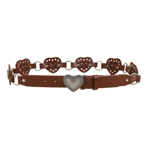 Bohemian brown leather heart belt with vintage silver buckle and rivet studs for women