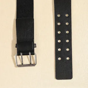 Black elastic waist belt for women with silver double pin buckle and metal eyelets