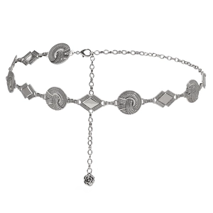 Bohemian silver metal waist chain with round and diamond plates and rose charm