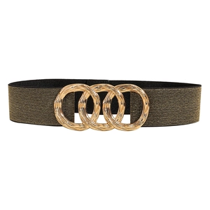 Elegant elastic wide waist belt with decorative gold interlocking rings for dresses