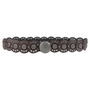 Vintage Boheemse donkerbruine leren riem met reliëf zilveren metalen bloemgespen
