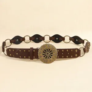 Vintage western dark brown PU leather belt with brass hollow sunflower metal buckle