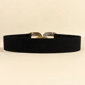 Detail of vintage gold geometric interlocking buckle on black elastic waist belt