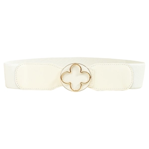 Elegant white elastic waist belt for women with golden flower metal buckle